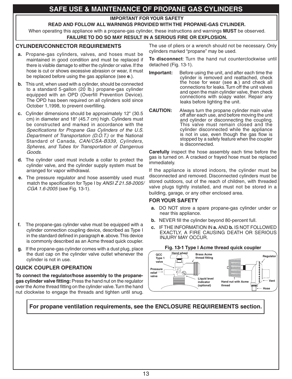 Safe use & maintenance of propane gas cylinders | Fire Magic 3280 Series Sideburner User Manual | Page 13 / 18