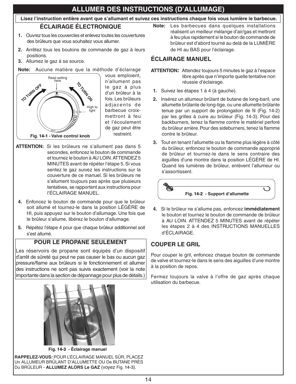 Allumer des instructions (d’allumage), 14 éclairage électronique, Pour le propane seulement | Éclairage manuel, Couper le gril | Fire Magic 3280 Series Sideburner User Manual | Page 14 / 18
