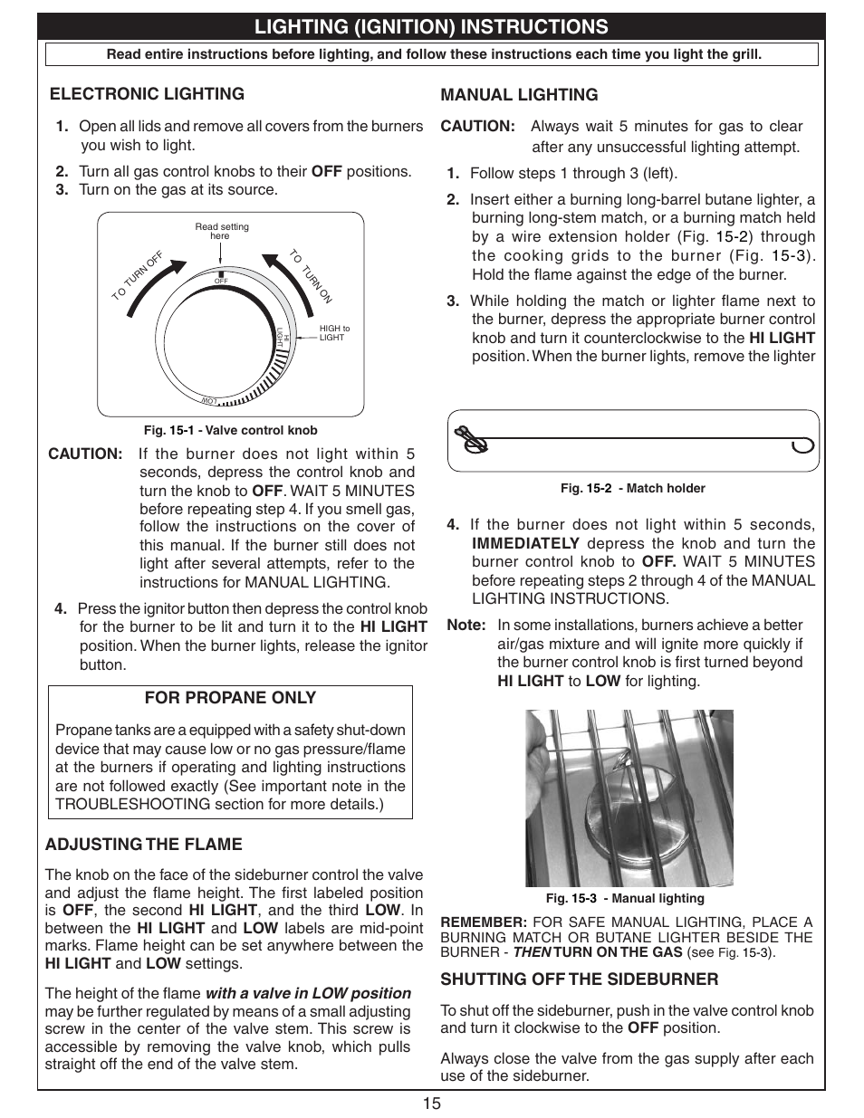 Lighting (ignition) instructions, 15 manual lighting, Electronic lighting | For propane only, Shutting off the grill, Shutting off the sideburner, Adjusting the flame, Manual lighting | Fire Magic 3280 Series Sideburner User Manual | Page 15 / 18