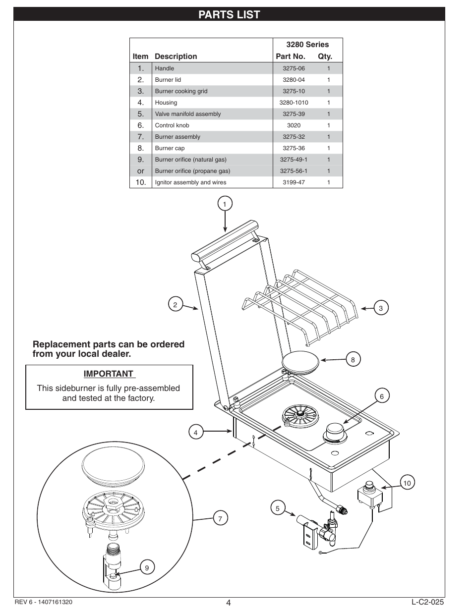 Parts list | Fire Magic 3280 Series Sideburner User Manual | Page 4 / 18