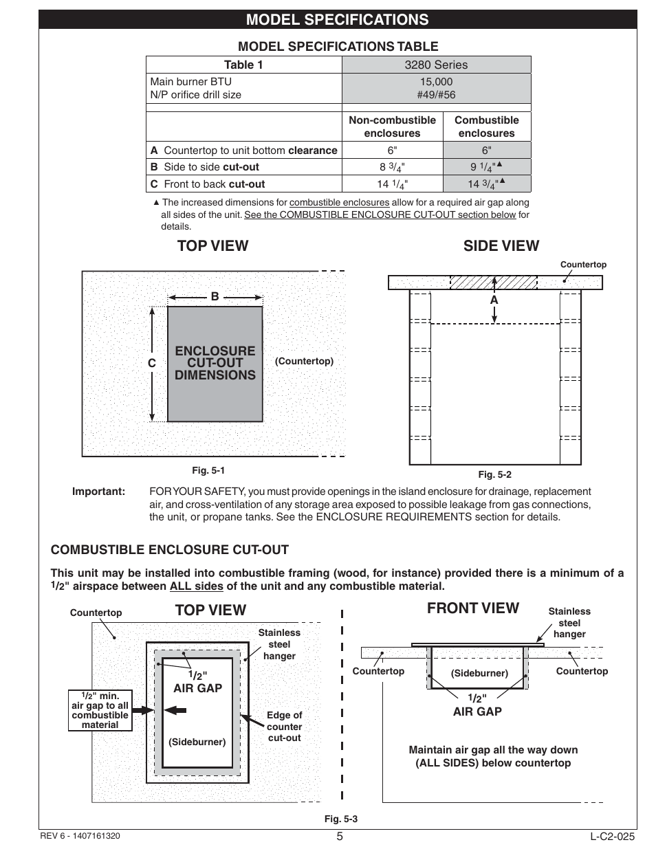 Model specifications, Top view side view, Top view front view | Fire Magic 3280 Series Sideburner User Manual | Page 5 / 18