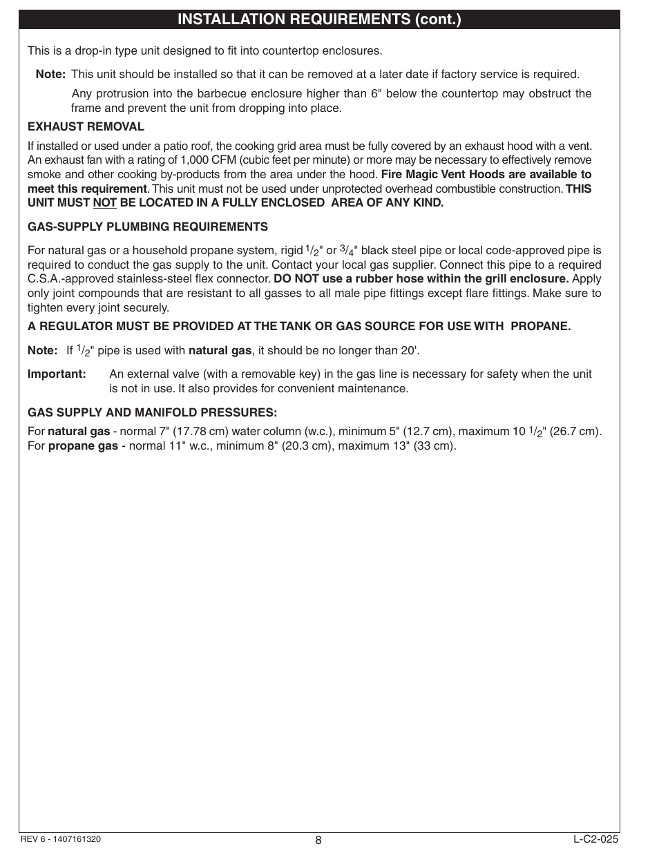 Installation requirements (cont.) | Fire Magic 3280 Series Sideburner User Manual | Page 8 / 18