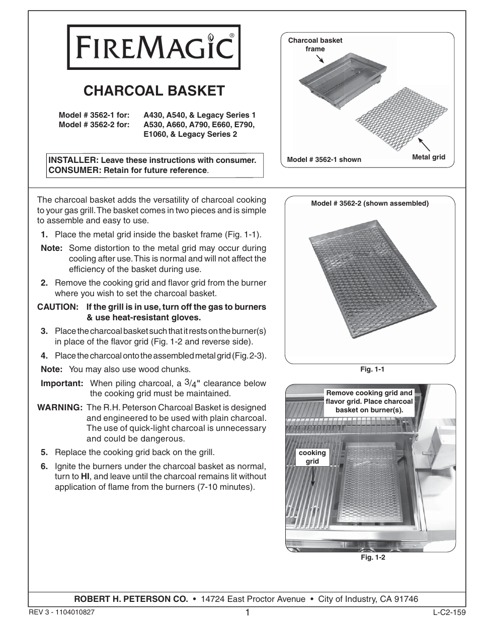 Fire Magic 3562-1 Charcoal Basket User Manual | 2 pages