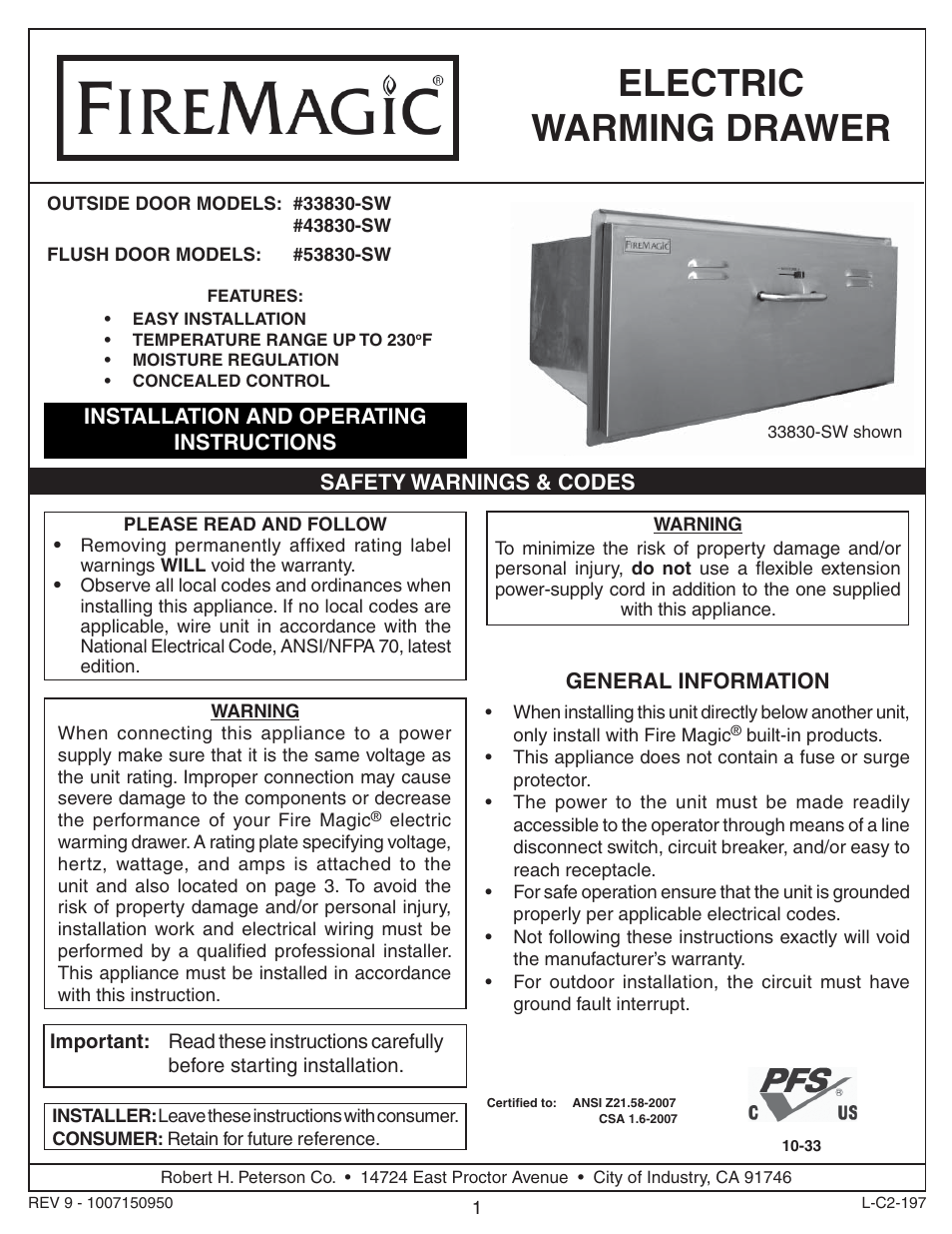 Fire Magic 33830-SW Electric Warming Drawer User Manual | 6 pages