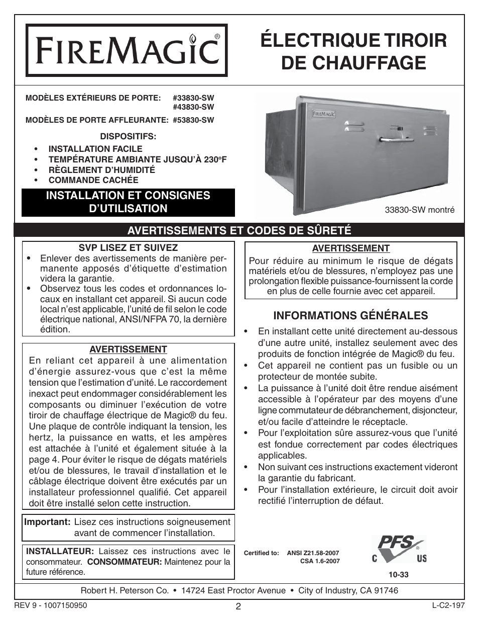 Électrique tiroir de chauffage | Fire Magic 33830-SW Electric Warming Drawer User Manual | Page 2 / 6