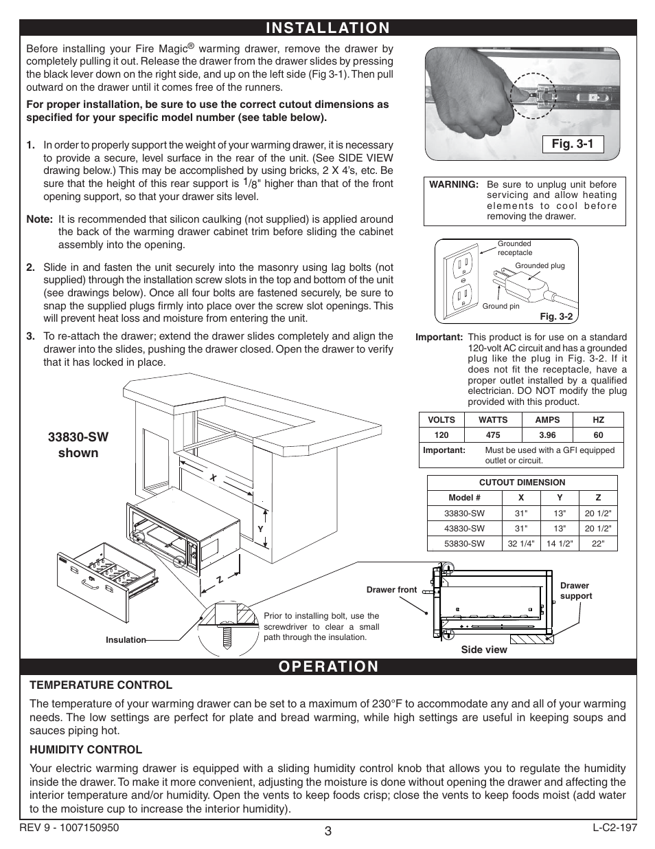 I n s ta l l at i o n | Fire Magic 33830-SW Electric Warming Drawer User Manual | Page 3 / 6