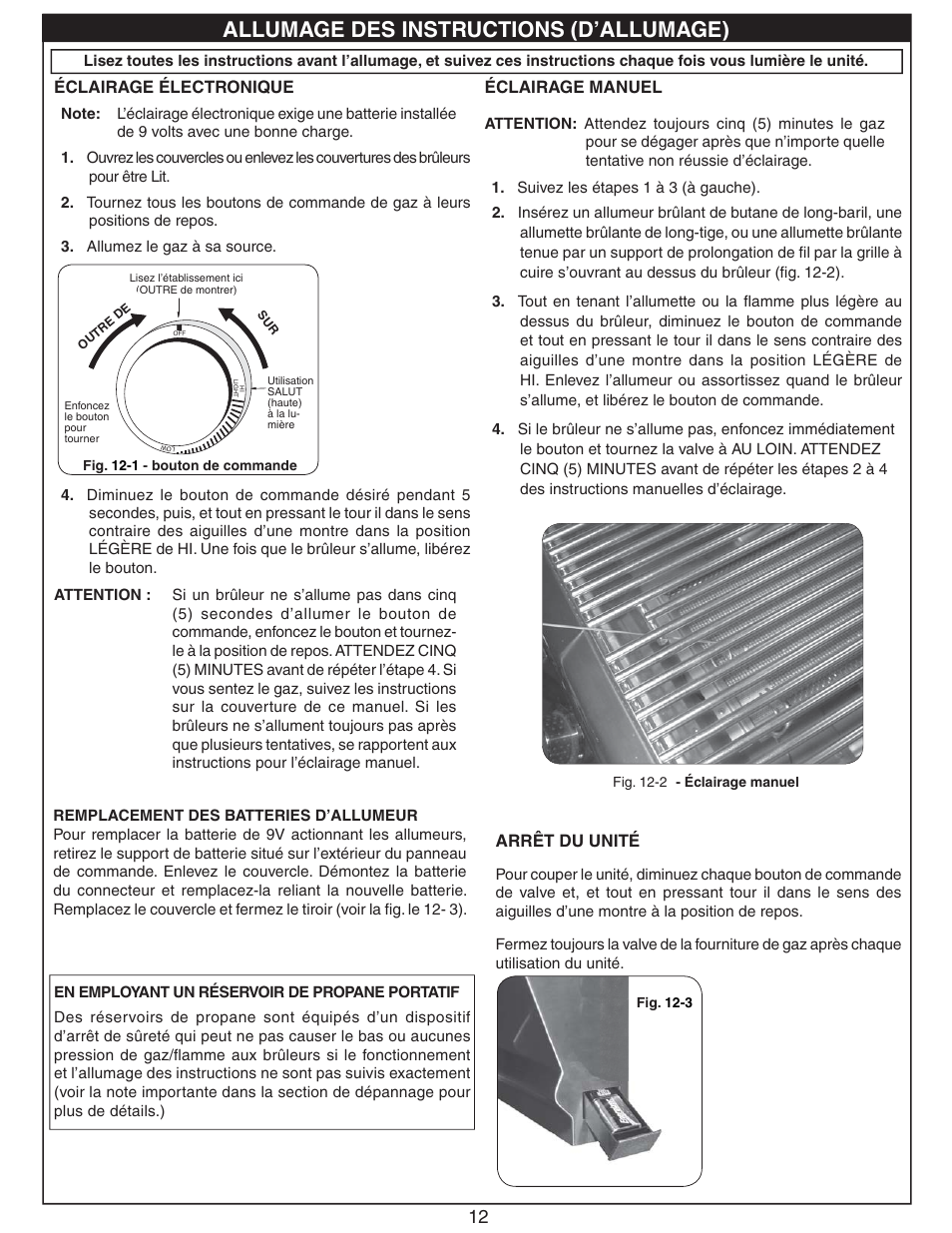 Allumage des instructions (d’allumage), Arrêt du unité, Éclairage électronique | Éclairage manuel | Fire Magic 3287-1(P) Searing Station Built in User Manual | Page 12 / 14