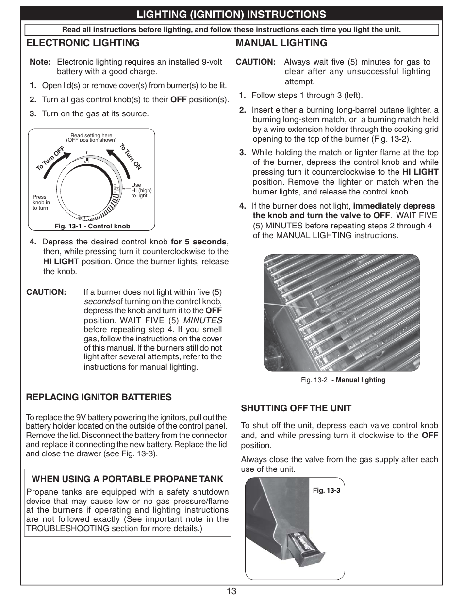 Lighting (ignition) instructions, Electronic lighting, Manual lighting | 13 shutting off the unit, When using a portable propane tank, Replacing ignitor batteries | Fire Magic 3287-1(P) Searing Station Built in User Manual | Page 13 / 14