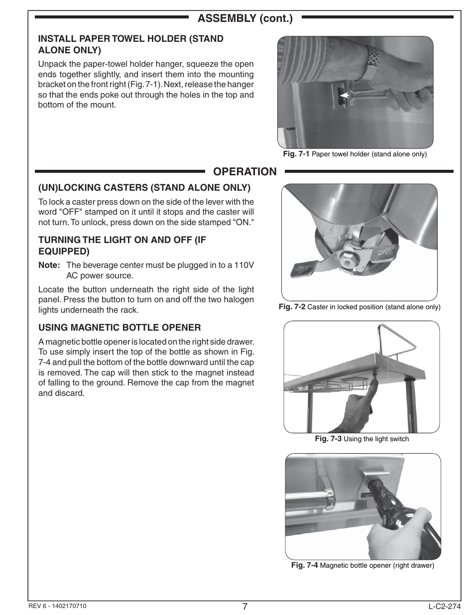 Assembly (cont.), Operation | Fire Magic 2D-SSA Beverage Center User Manual | Page 7 / 12