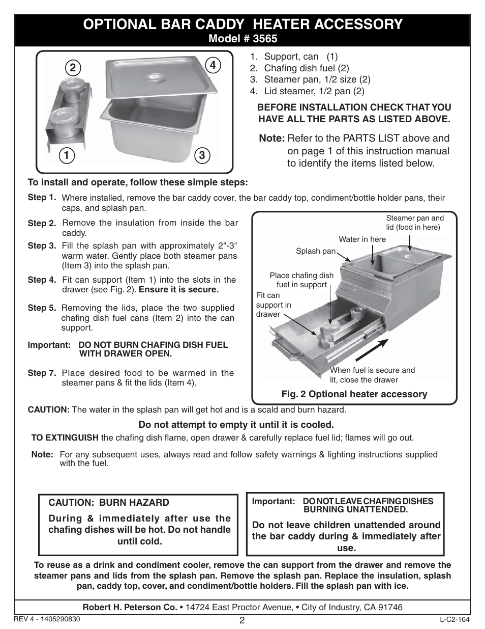 Optional bar caddy heater accessory, Model # 3565 | Fire Magic 1D-S0 Bar Caddy User Manual | Page 2 / 2