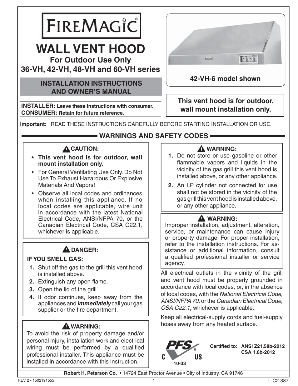 Fire Magic 36-VH Vent Hood User Manual | 26 pages