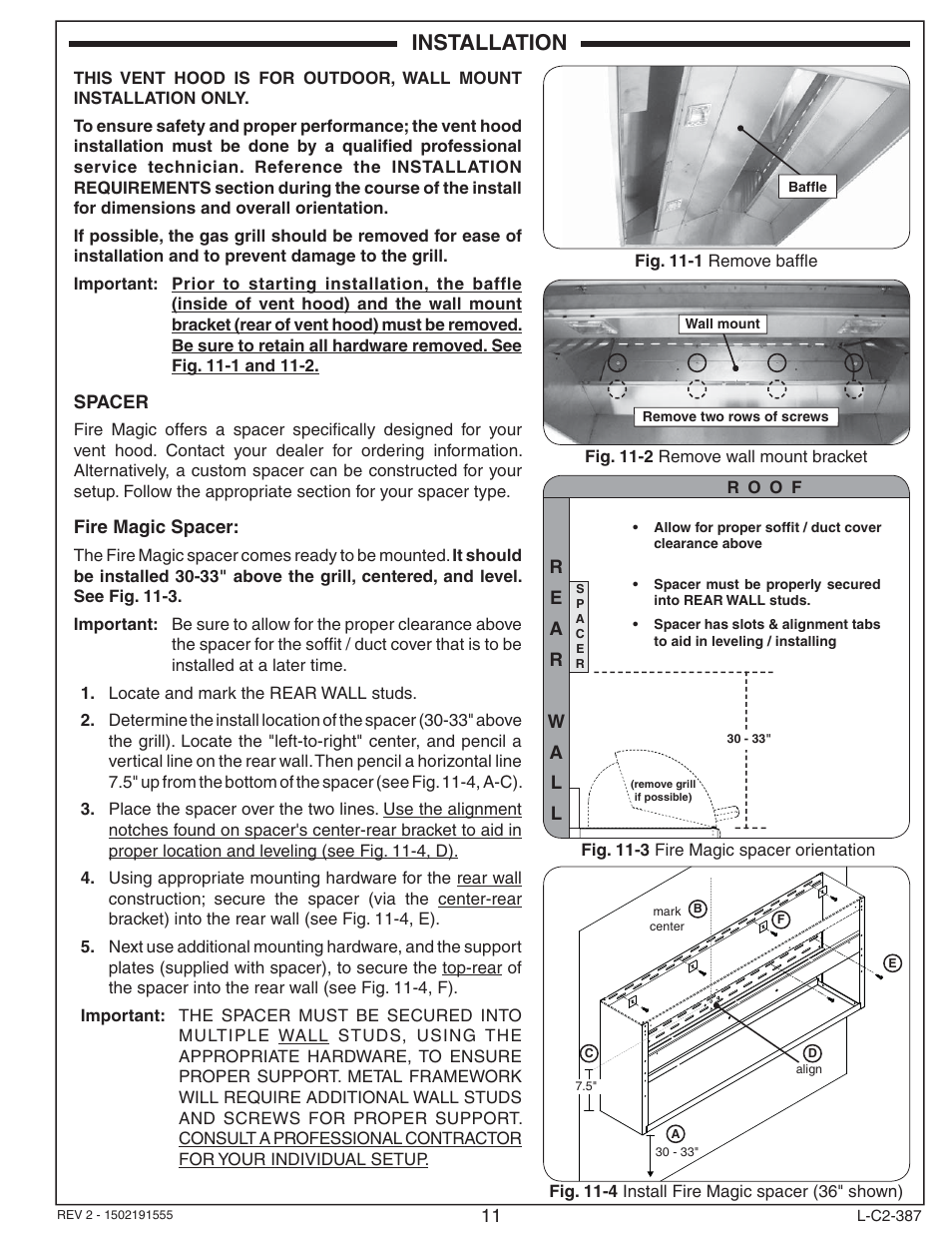 Installation | Fire Magic 36-VH Vent Hood User Manual | Page 11 / 26