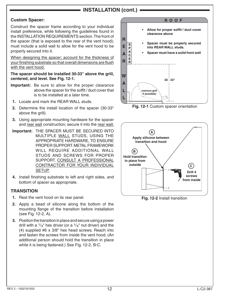 Installation (cont.) | Fire Magic 36-VH Vent Hood User Manual | Page 12 / 26