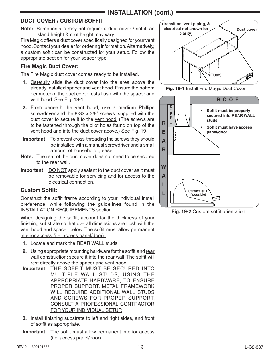 Installation (cont.) | Fire Magic 36-VH Vent Hood User Manual | Page 19 / 26