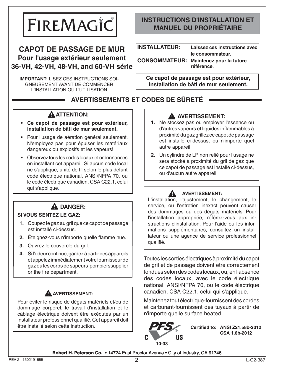 Capot de passage de mur, Avertissements et codes de sûreté | Fire Magic 36-VH Vent Hood User Manual | Page 2 / 26