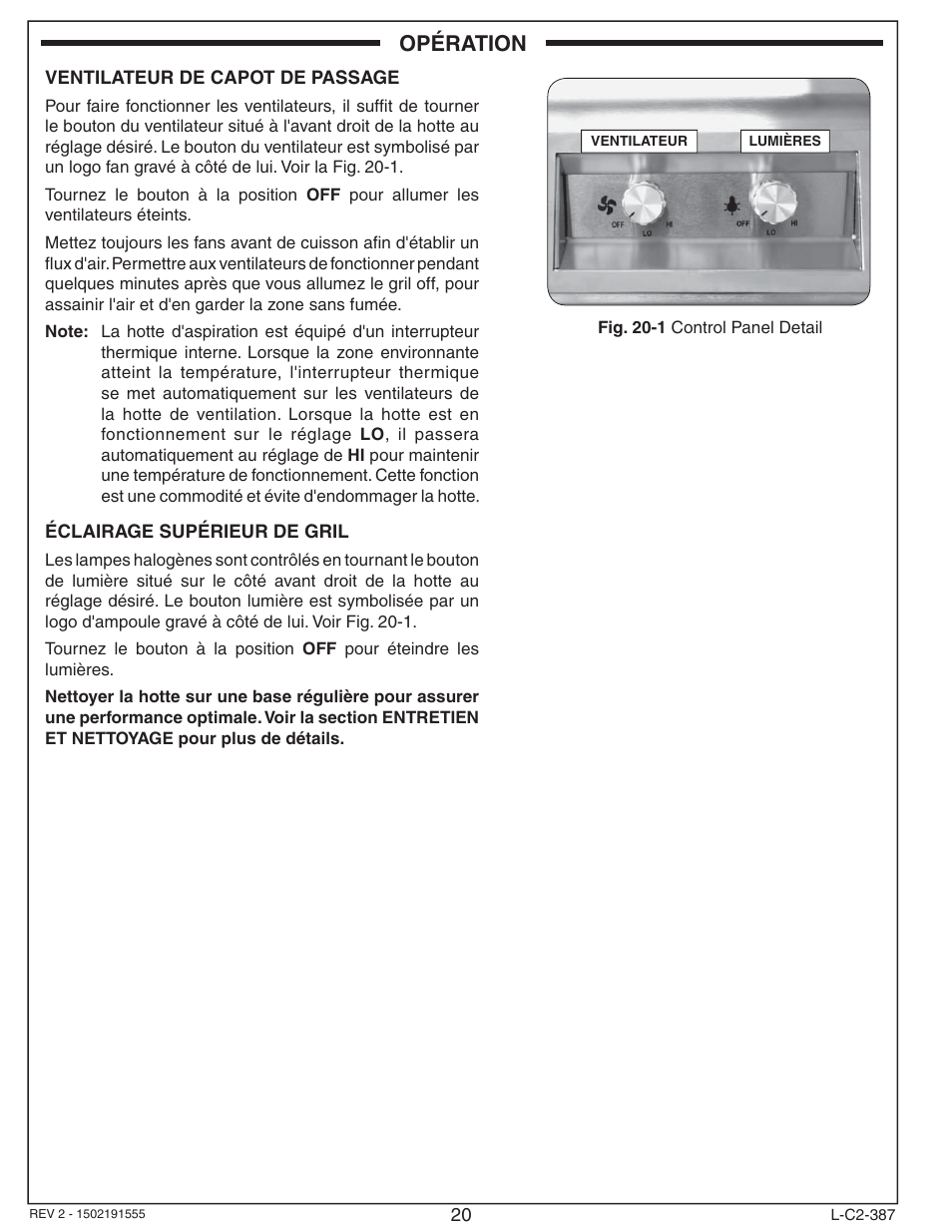 Opération | Fire Magic 36-VH Vent Hood User Manual | Page 20 / 26