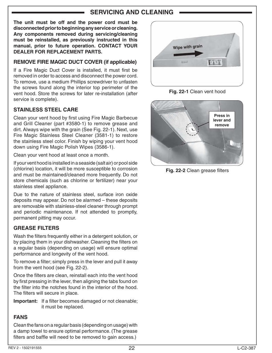 Servicing and cleaning | Fire Magic 36-VH Vent Hood User Manual | Page 22 / 26