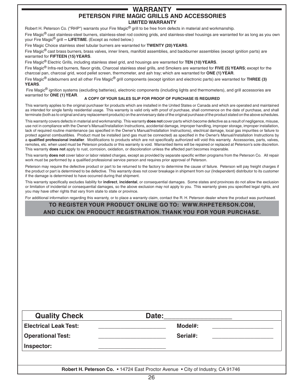 Quality check date, Warranty, Peterson fire magic grills and accessories | Fire Magic 36-VH Vent Hood User Manual | Page 26 / 26