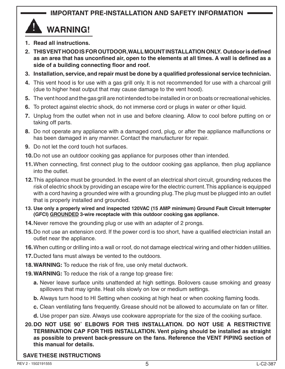 Warning | Fire Magic 36-VH Vent Hood User Manual | Page 5 / 26