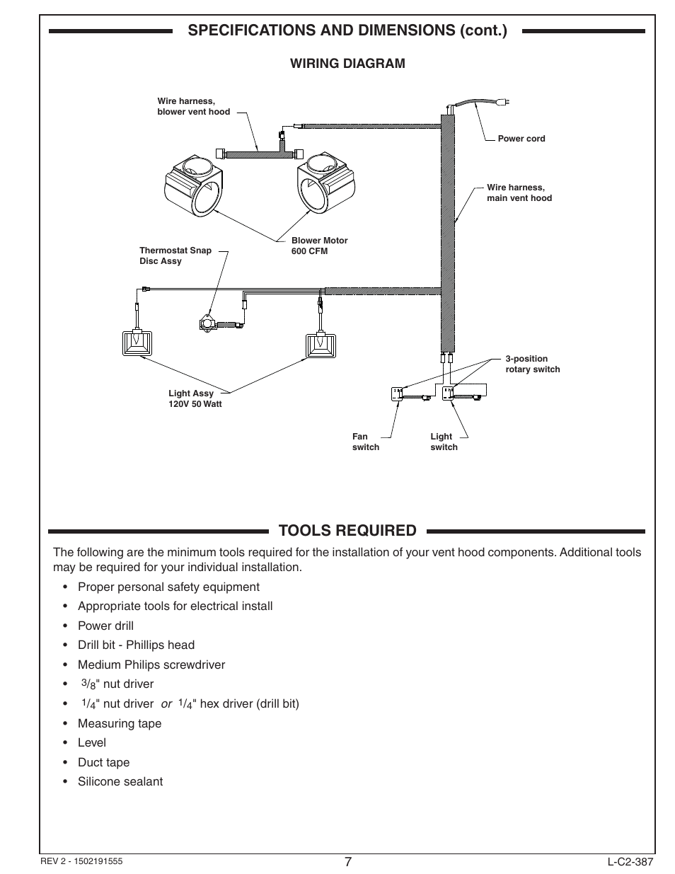 Specifications and dimensions (cont.), Tools required | Fire Magic 36-VH Vent Hood User Manual | Page 7 / 26