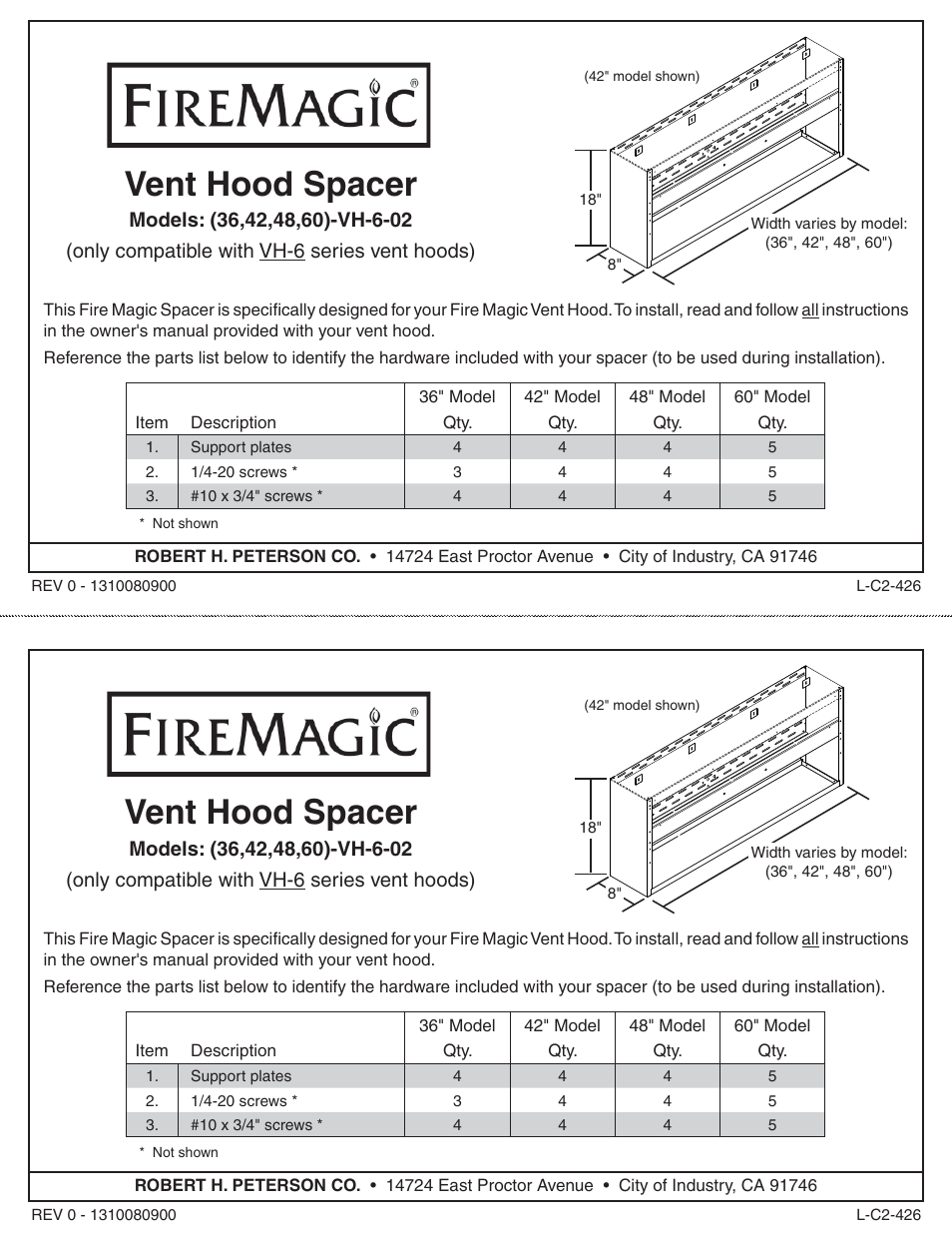 Fire Magic 60-VH-6-02 Vent Hood Spacer Insert User Manual | 1 page