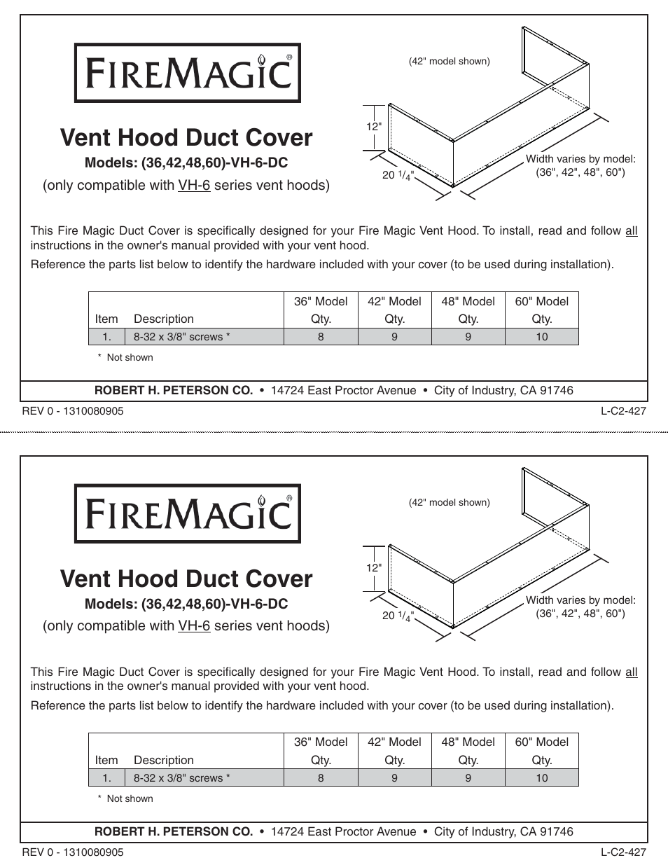 Fire Magic 60-VH-6-DC Vent Hood Duct Cover Insert User Manual | 1 page