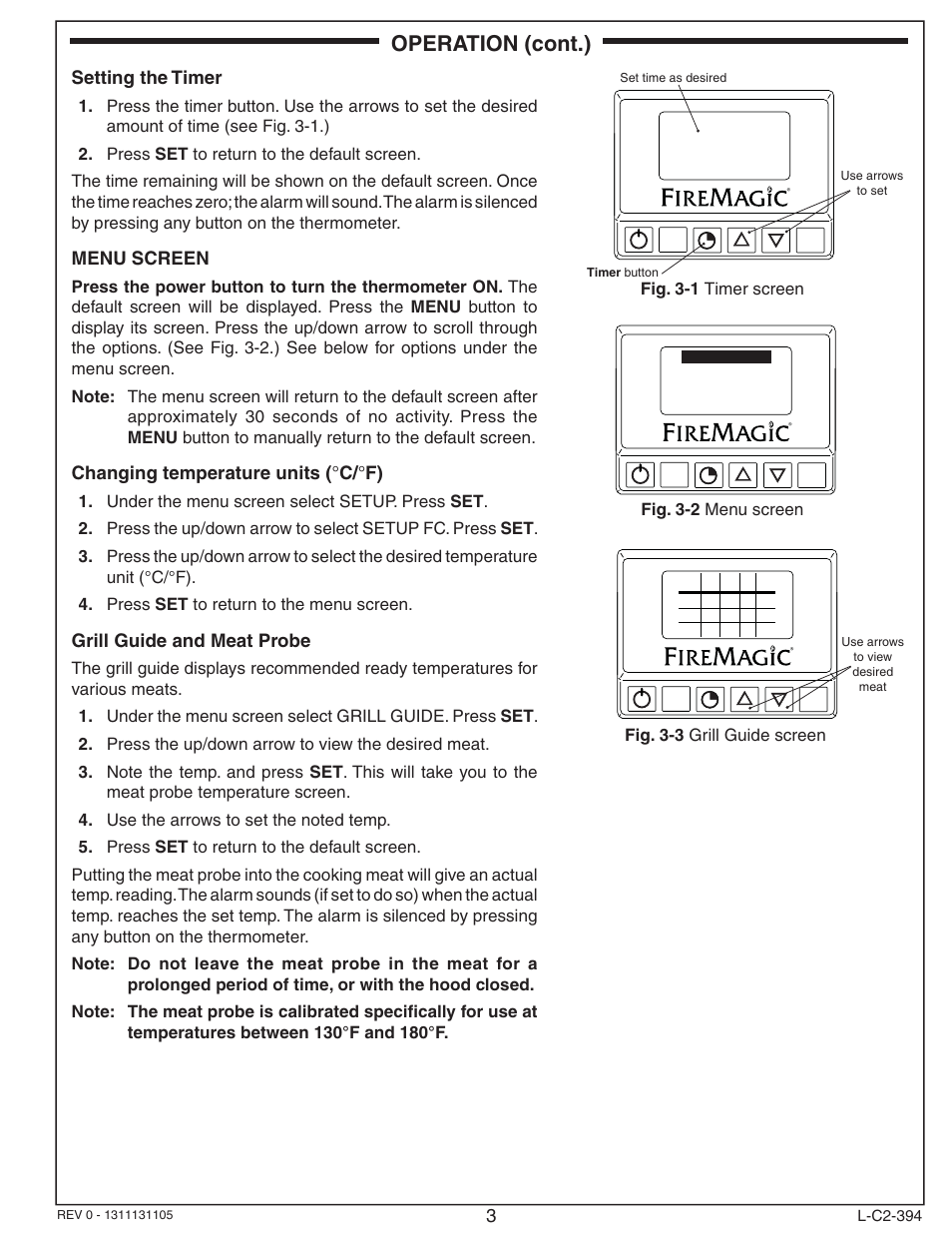 Operation (cont.), Setting the timer, Menu screen | Changing temperature units ( ° c/ ° f), Grill guide and meat probe, Timer, Fig. 3-2 menu screen, Fig. 3-3 grill guide screen, Fig. 3-1 timer screen | Fire Magic 24180-12 Aurora Digital Thermometer User Manual | Page 3 / 4