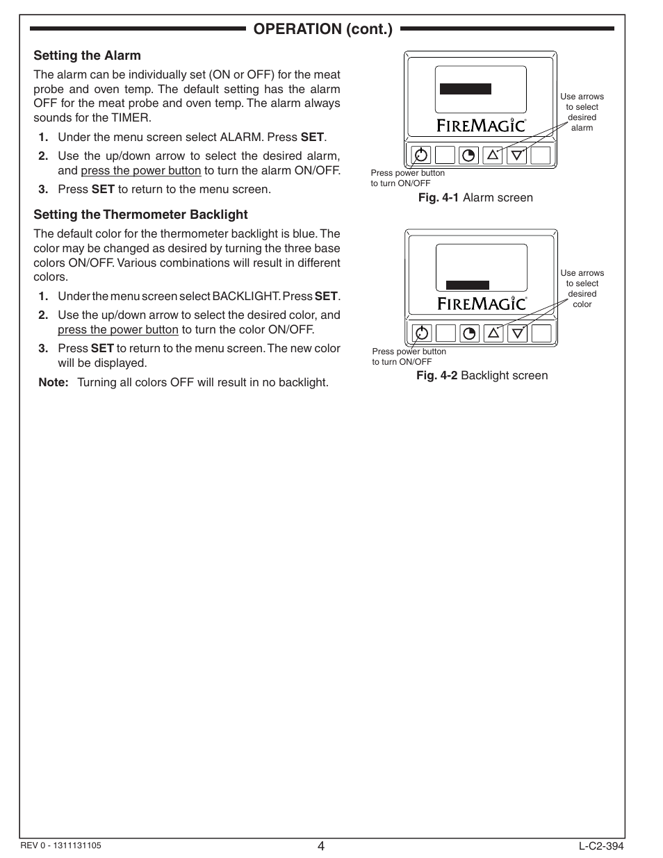 Operation (cont.), 4setting the alarm, Setting the thermometer backlight | Fire Magic 24180-12 Aurora Digital Thermometer User Manual | Page 4 / 4