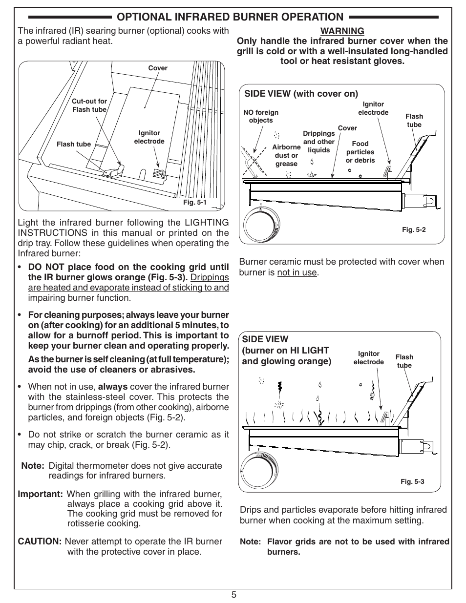 Optional infrared burner operation, Side view (burner on hi light and glowing orange), Side view (with cover on) | Fire Magic 3049 Aurora Infrared Burner Kit Installation User Manual | Page 5 / 6