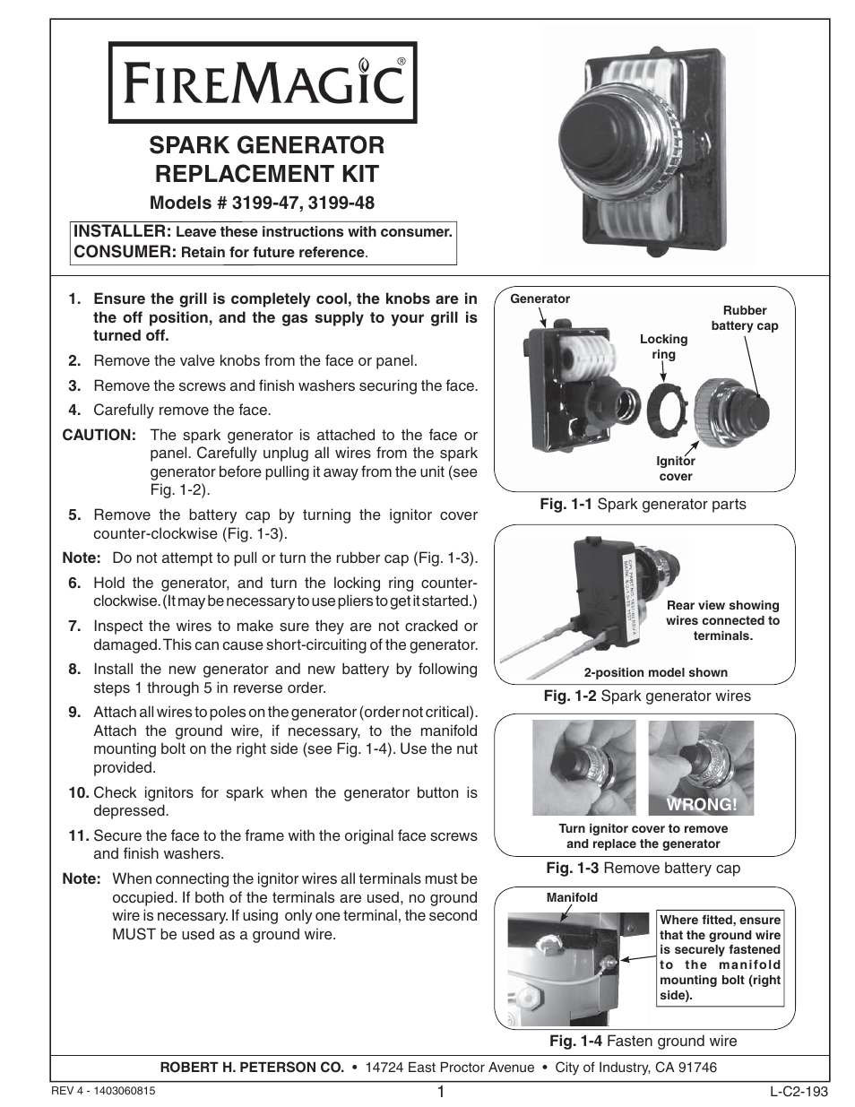 Fire Magic 3199-47 Spark Generator Replacement Kit User Manual | 2 pages
