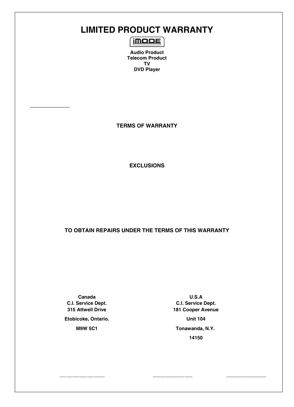 Limited product warranty | Curtis iPOD iP1002 User Manual | Page 10 / 11