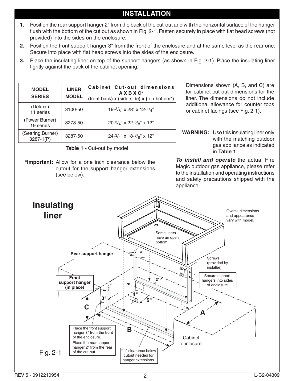 Insulating liner, Installation fig. 2-1 | Fire Magic Accessory & Legacy Insulating Liner User Manual | Page 2 / 2