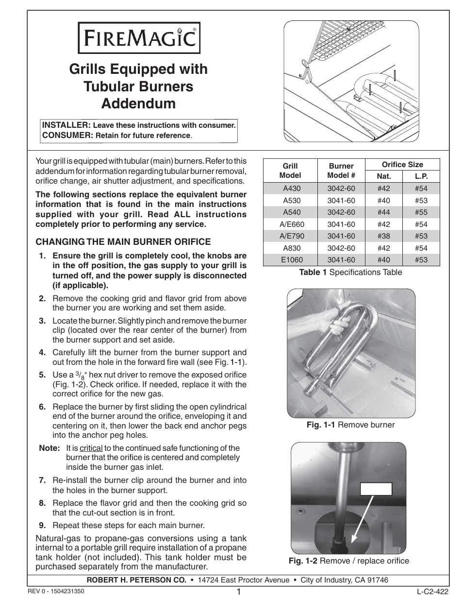 Fire Magic Tubular Burners Addendum User Manual | 2 pages