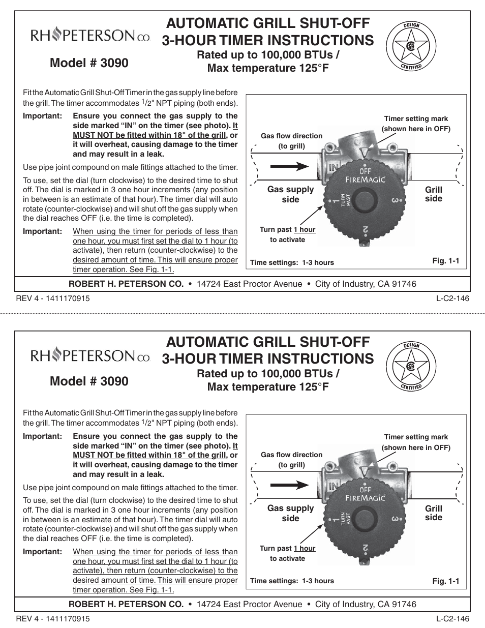 Fire Magic 3090 Auto Shut-off 3-Hour Timer User Manual | 1 page