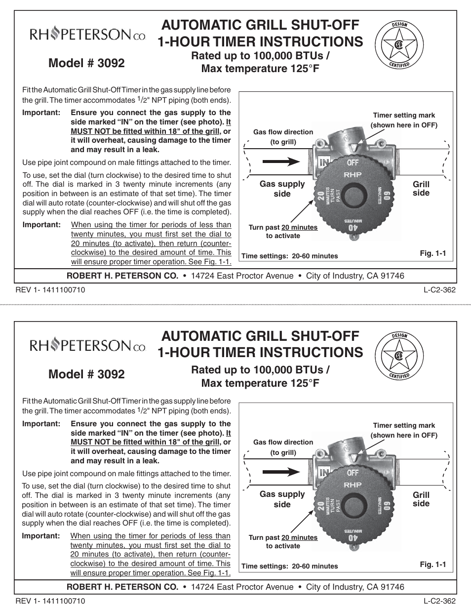 Fire Magic 3092 Auto Shut-off 1-Hour Timer User Manual | 1 page