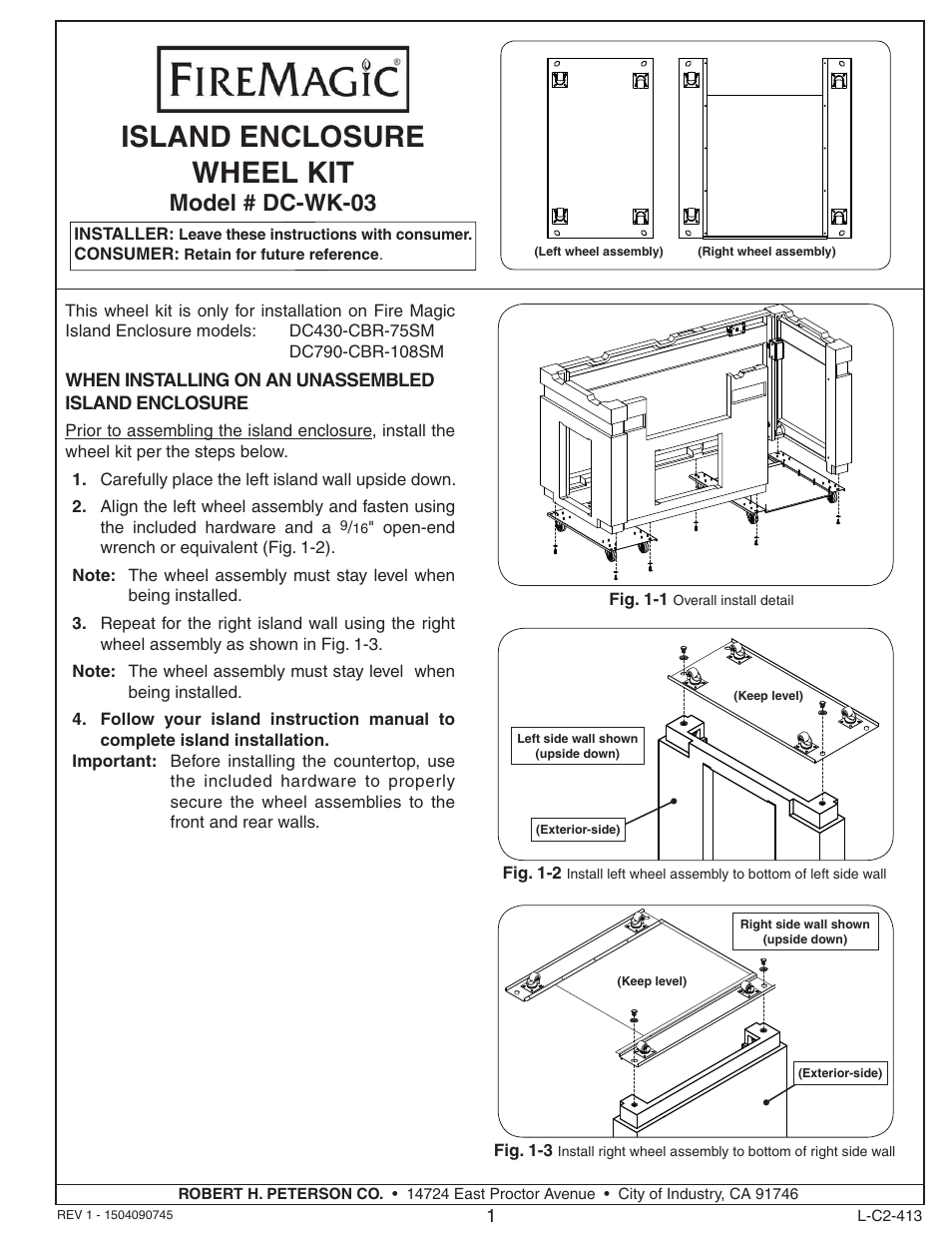 Fire Magic DC-WK-03 Island Enclosure Wheel Kit User Manual | 4 pages