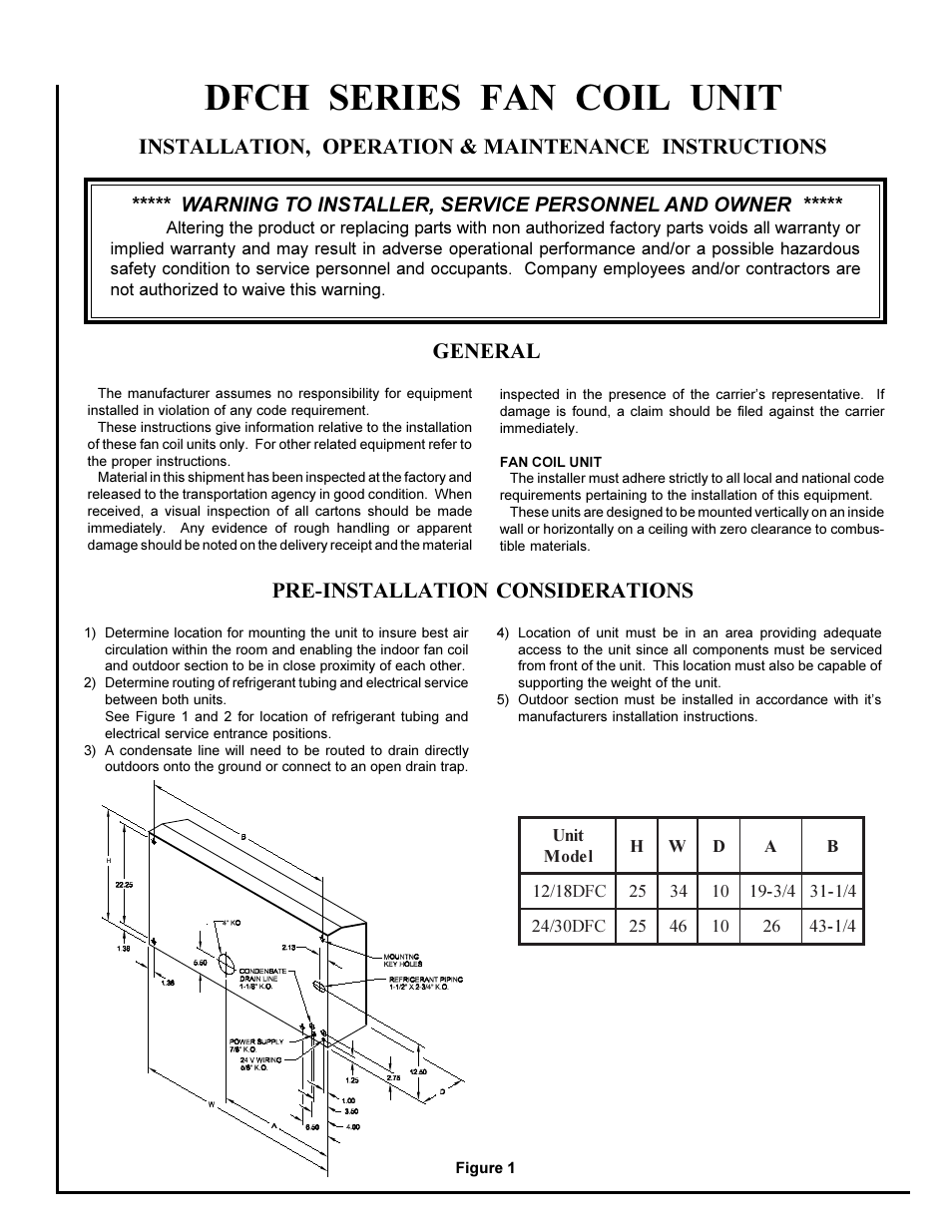 First Co DFCH Ductless Fan Coil Upflow / Horizontal Heat Pump or DX - 1.5 to 2.5 tons User Manual | 4 pages