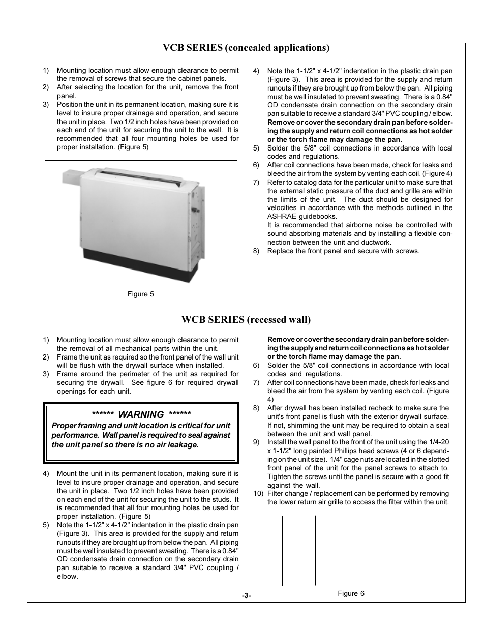 Vcb series (concealed applications), Wcb series (recessed wall), Warning | First Co VCB User Manual | Page 3 / 4