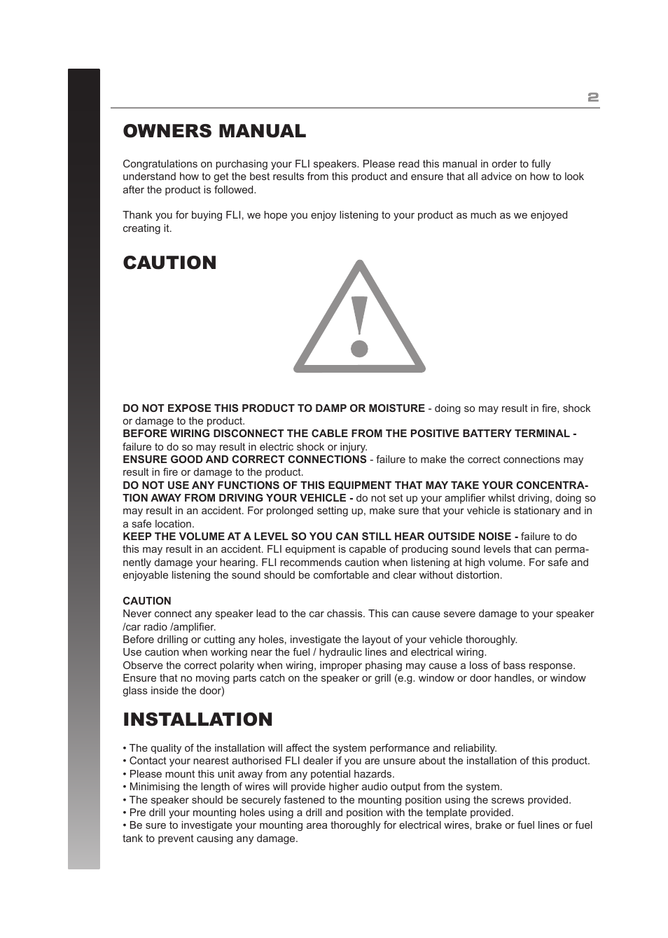 Owners manual caution, Installation | Fli Audio FI4-F3 User Manual | Page 2 / 8