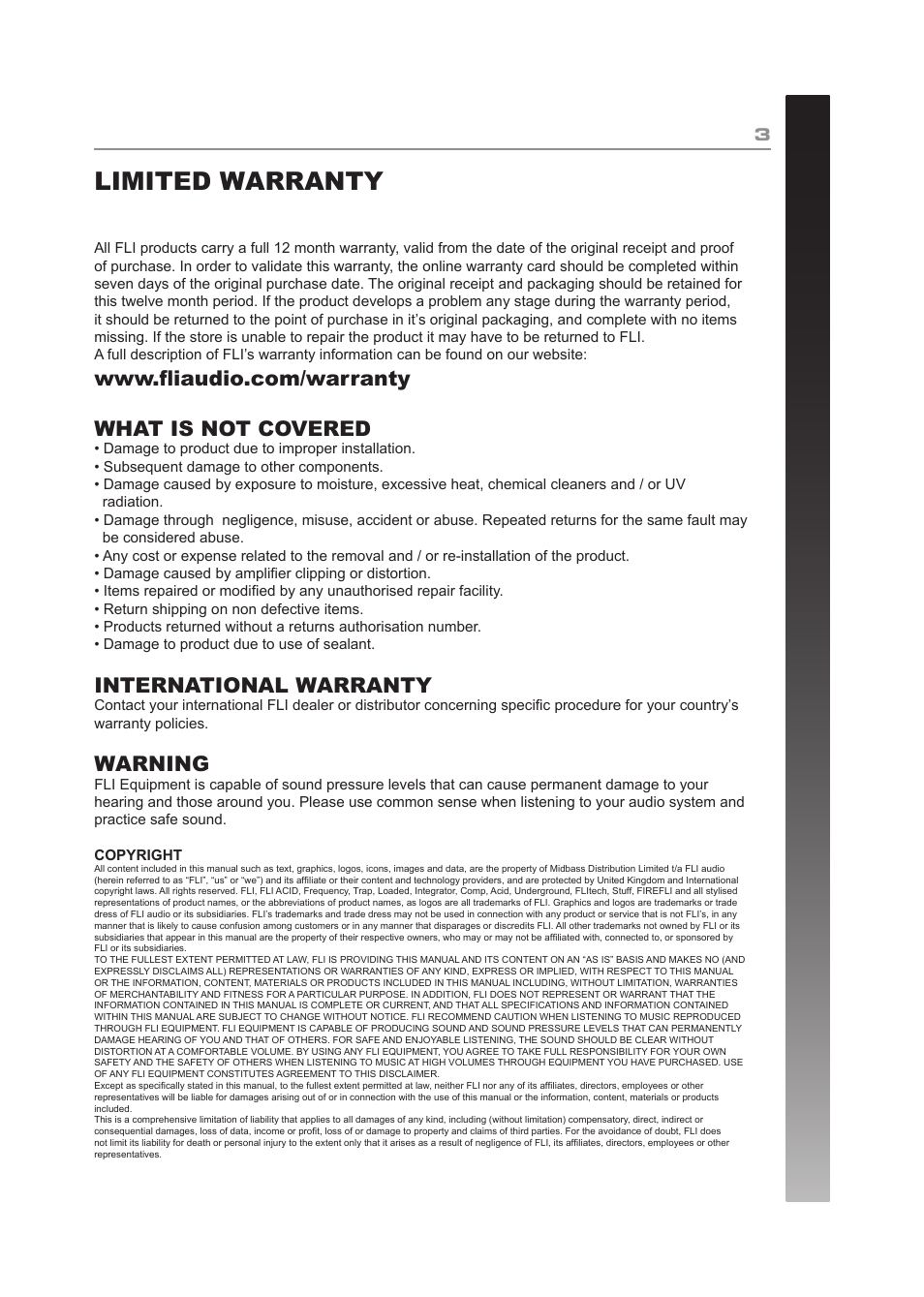 Limited warranty, International warranty, Warning | Fli Audio FI4-F3 User Manual | Page 3 / 8