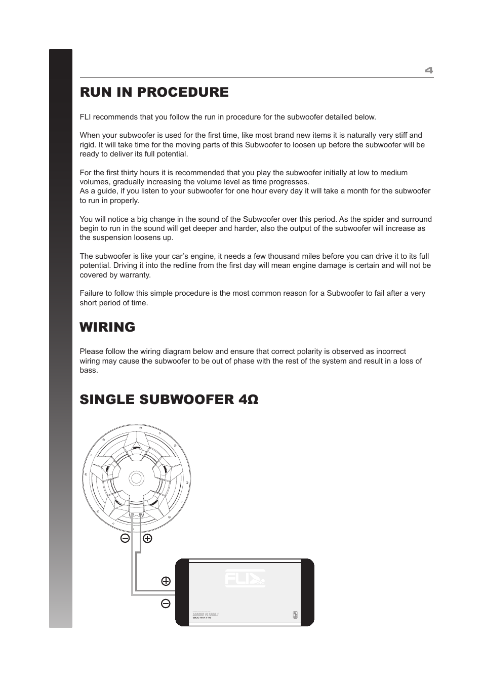 Wiring single subwoofer 4ω, Run in procedure | Fli Audio FF10-F5 User Manual | Page 4 / 12