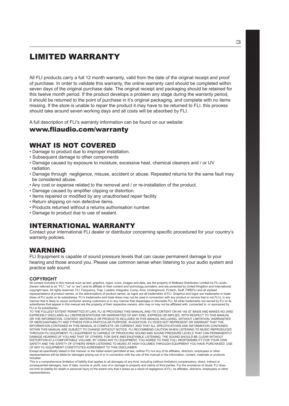 Limited warranty, International warranty, Warning | Fli Audio FT10A-F6 User Manual | Page 3 / 12