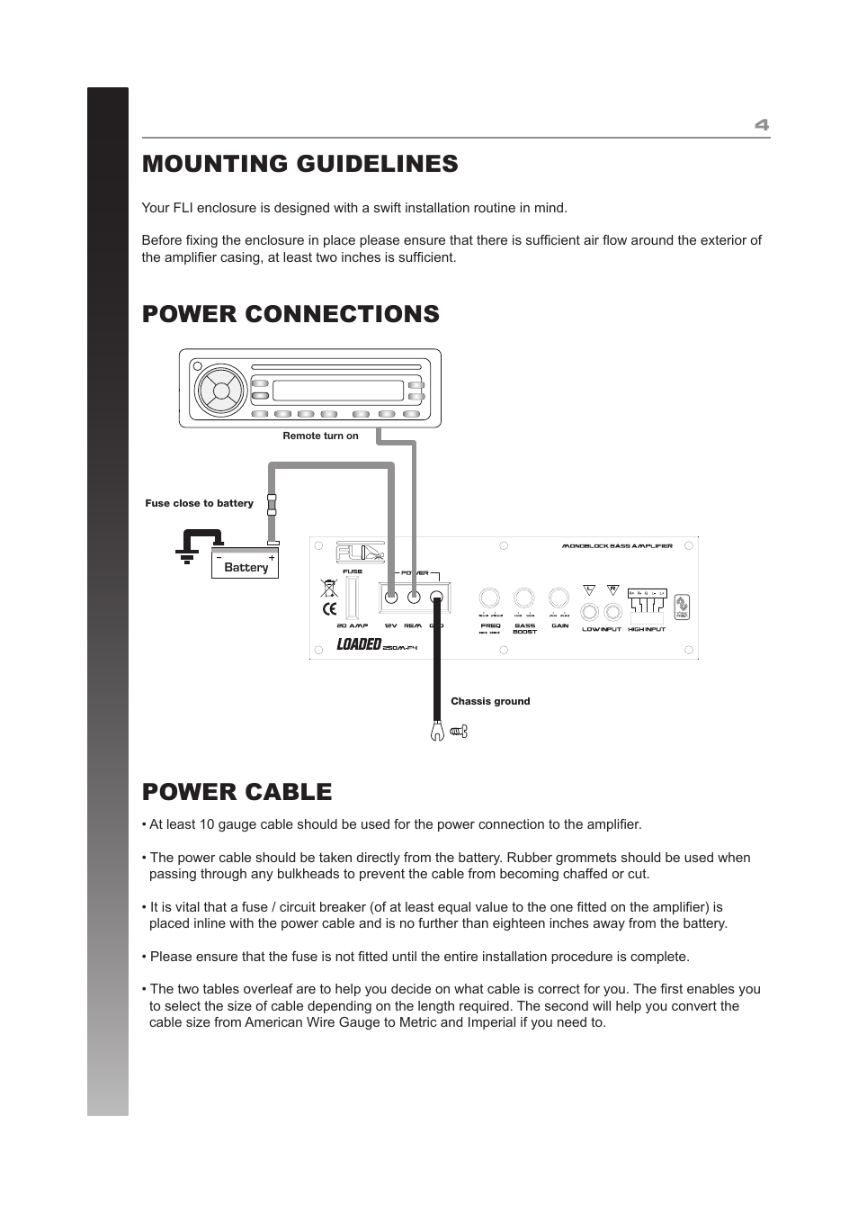 Mounting guidelines power connections power cable | Fli Audio FT10A-F6 User Manual | Page 4 / 12