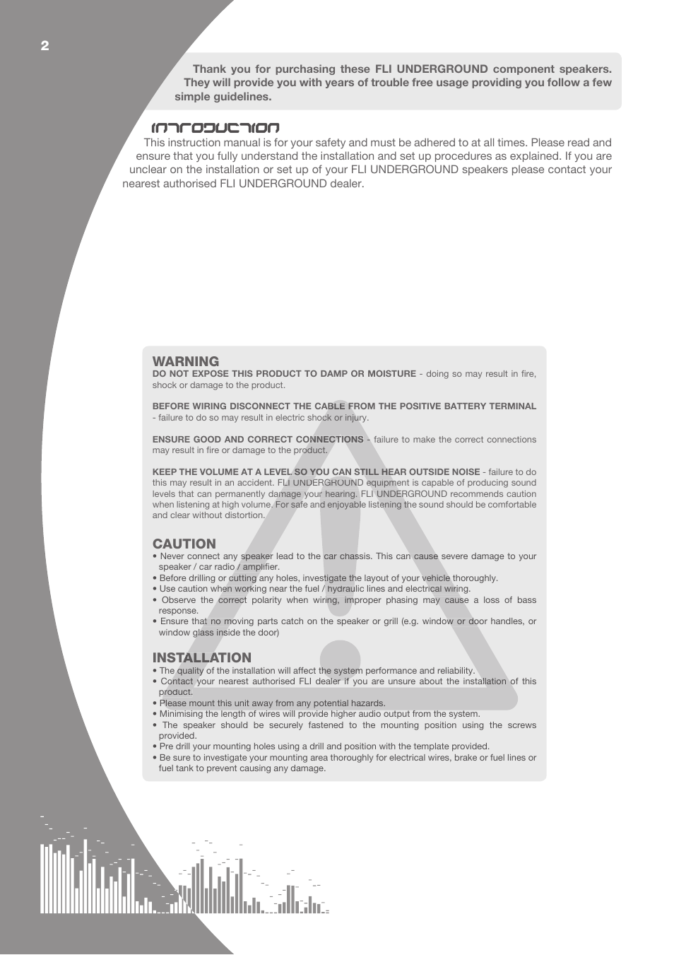 Introduction, 2warning, Caution | Installation, Talla | Fli Audio FU5C User Manual | Page 2 / 8