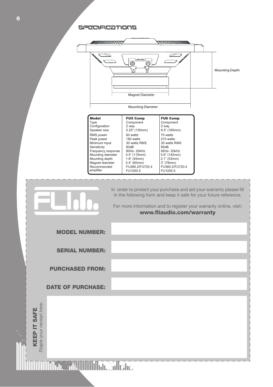 6specifications keep it safe | Fli Audio FU5C User Manual | Page 6 / 8