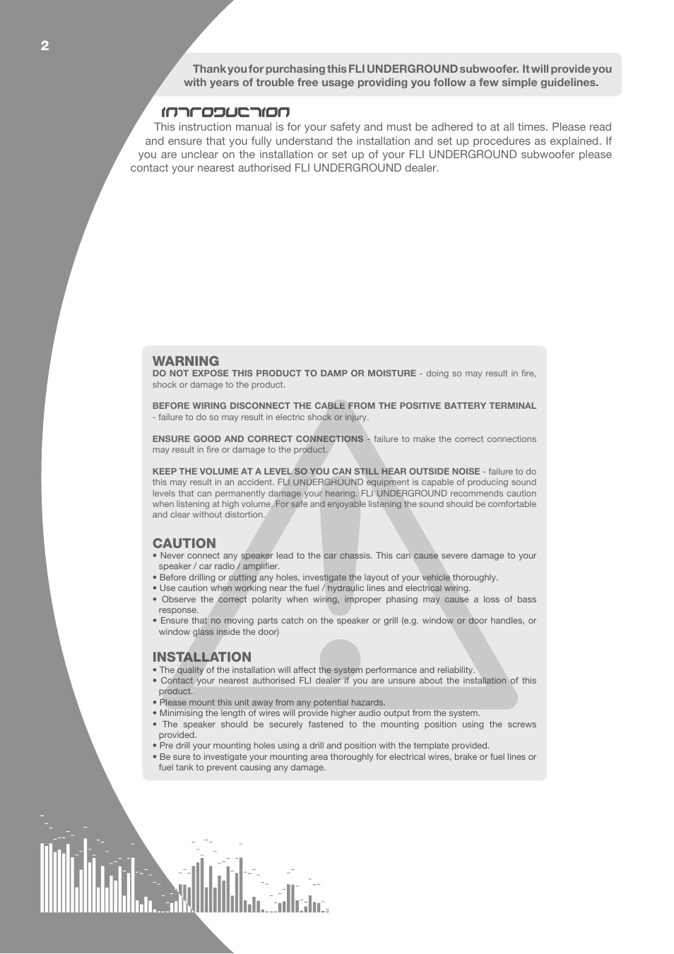 Introduction, 2warning, Caution | Installation, Talla | Fli Audio FU10 User Manual | Page 2 / 8