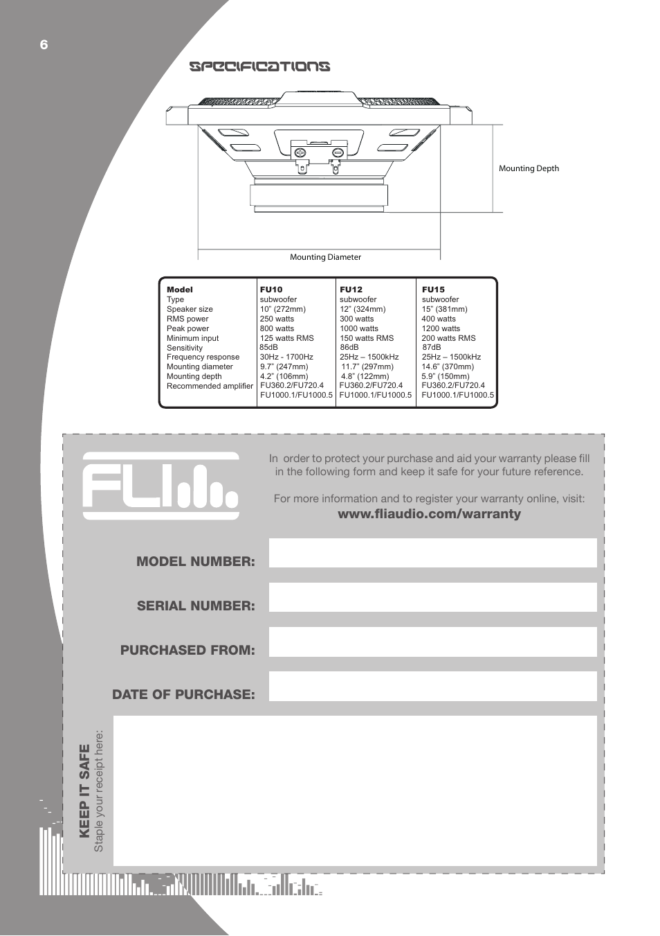 6specifications keep it safe | Fli Audio FU10 User Manual | Page 6 / 8