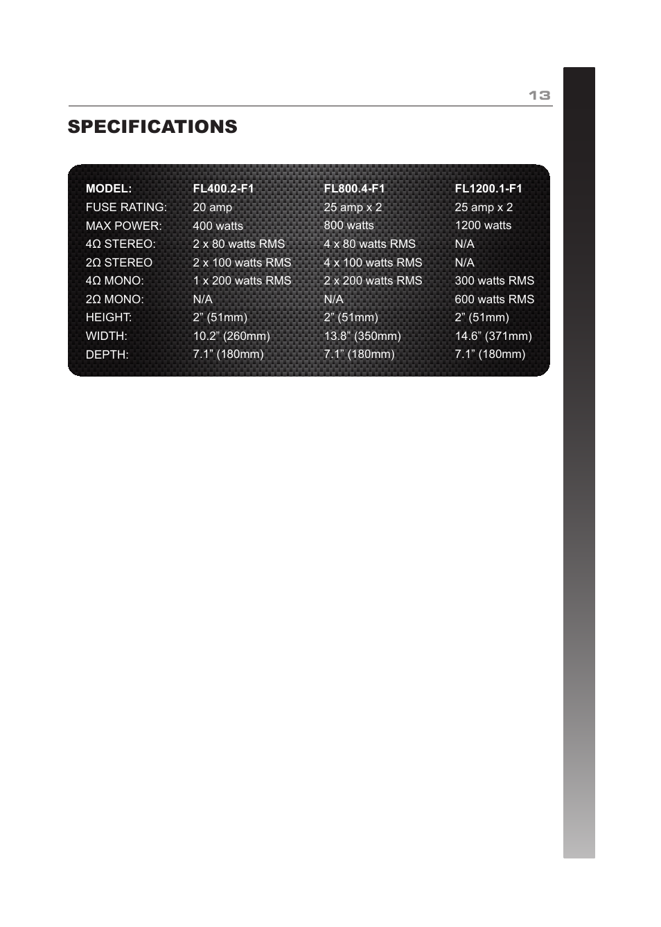 Specifications | Fli Audio FL400.2-F1 User Manual | Page 13 / 16