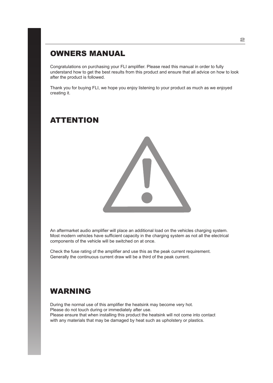 Owners manual warning attention | Fli Audio FL400.2-F1 User Manual | Page 2 / 16