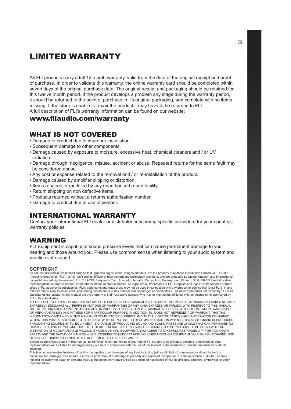 Limited warranty, International warranty, Warning | Fli Audio FL400.2-F1 User Manual | Page 3 / 16